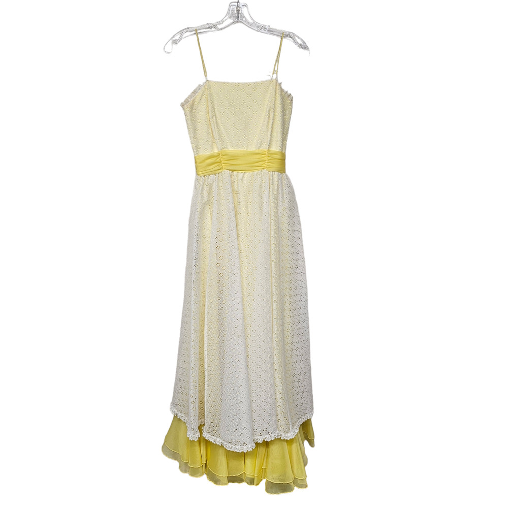Vintage 70s Prairie Eyelet Lace Maxi Dress Sz Small Yellow Cottagecore Layered